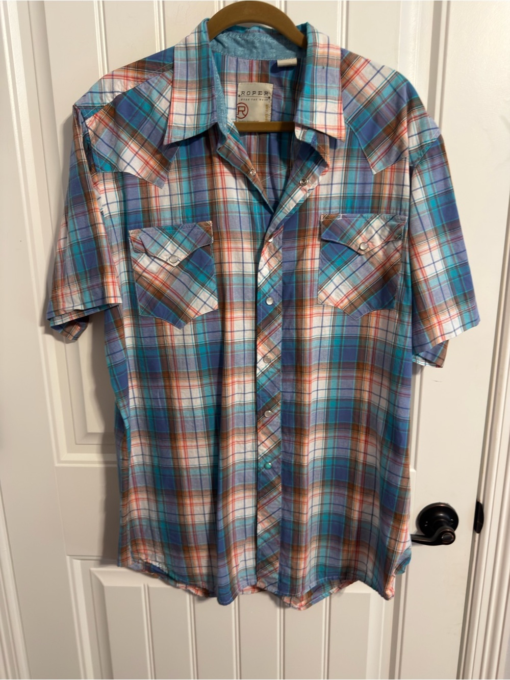Roper Pearl Snap Blue Plaid Western Long Sleeve Shirt, Women's Size M